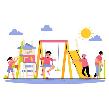 A vibrant playground filled with various colorful play equipment. In the center, a round child with short brown hair is joyfully swinging on a set of swings, wearing a bright red shirt and blue shorts. Other children are seen playing nearby, with one climbing a jungle gym and another sliding down a yellow slide. The sun is shining brightly, casting cheerful shadows on the ground, and a few fluffy clouds float in the blue sky above.