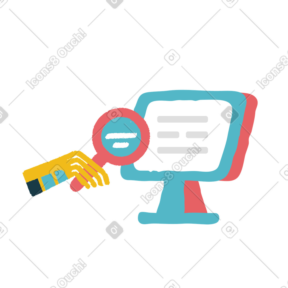 Web search and online research, magnifying glass over monitor screen illustration in Flamenco style download in PNG, SVG