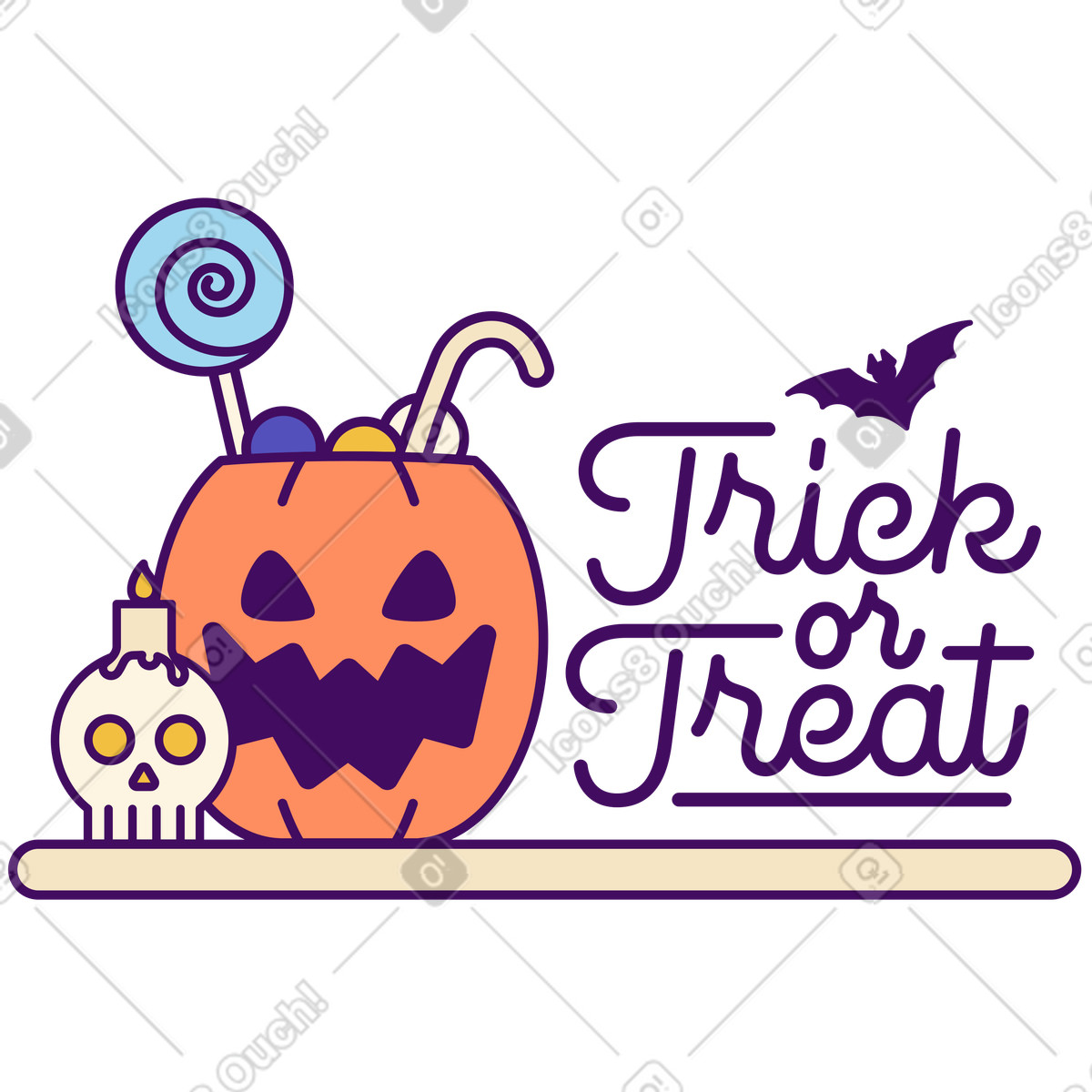Trick or Treat sign with pumpkin and Halloween treats,Seasonal holiday decor illustrazione in stile Simplistic scarica in PNG, SVG