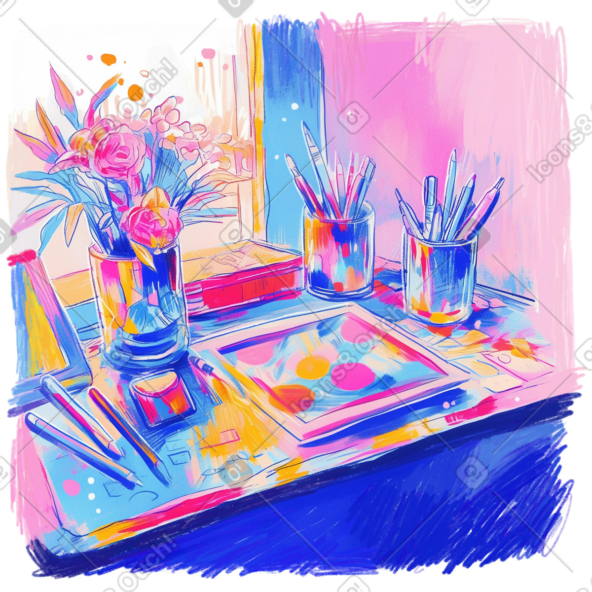 Ilustración Dibujo a lápiz de un espacio trabajo creativo con materiales arte. en estilo Fuchsia descargar en PNG y SVG