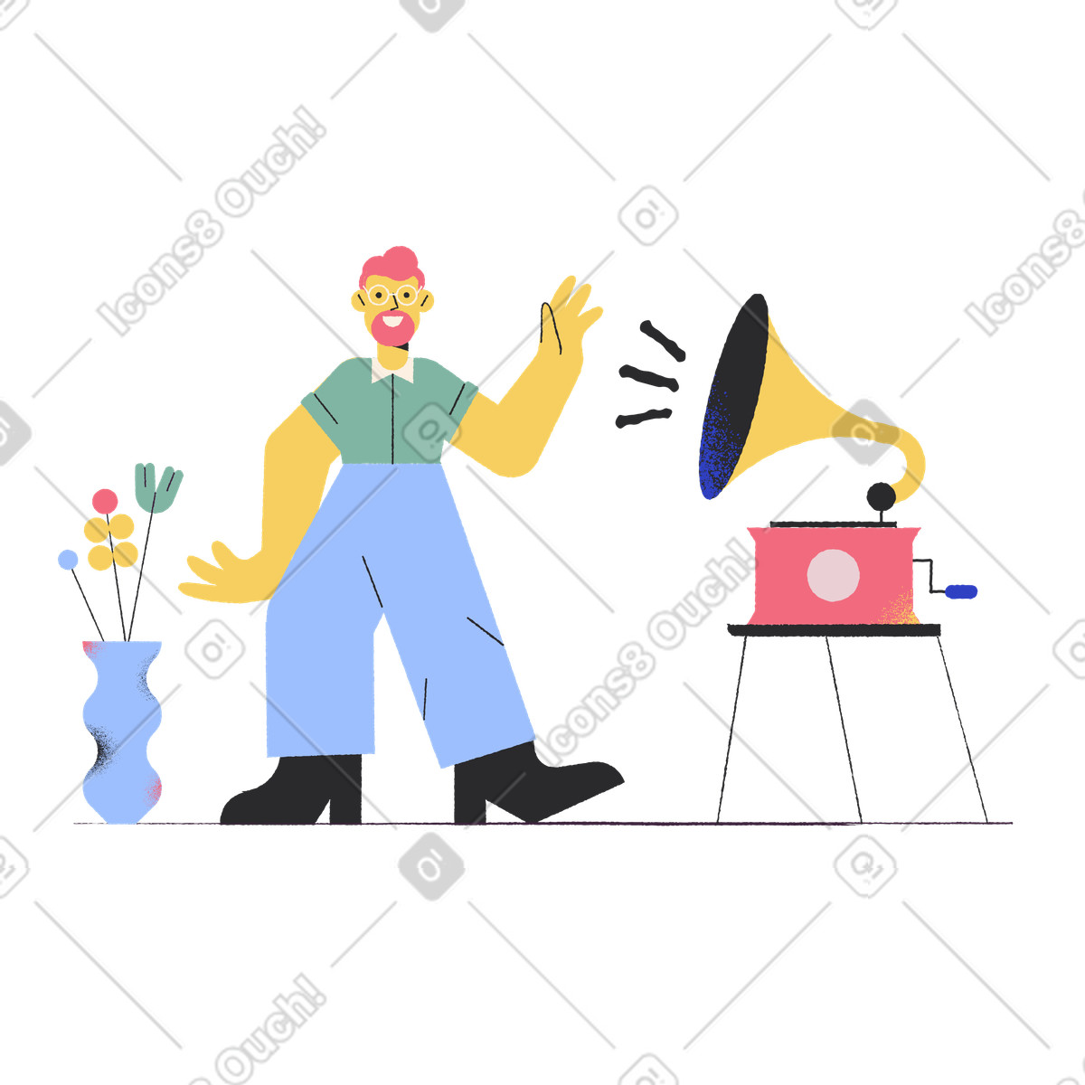Ilustração de Homem em casa dançando ao som do gramofone no estilo Pablo para baixar PNG, SVG