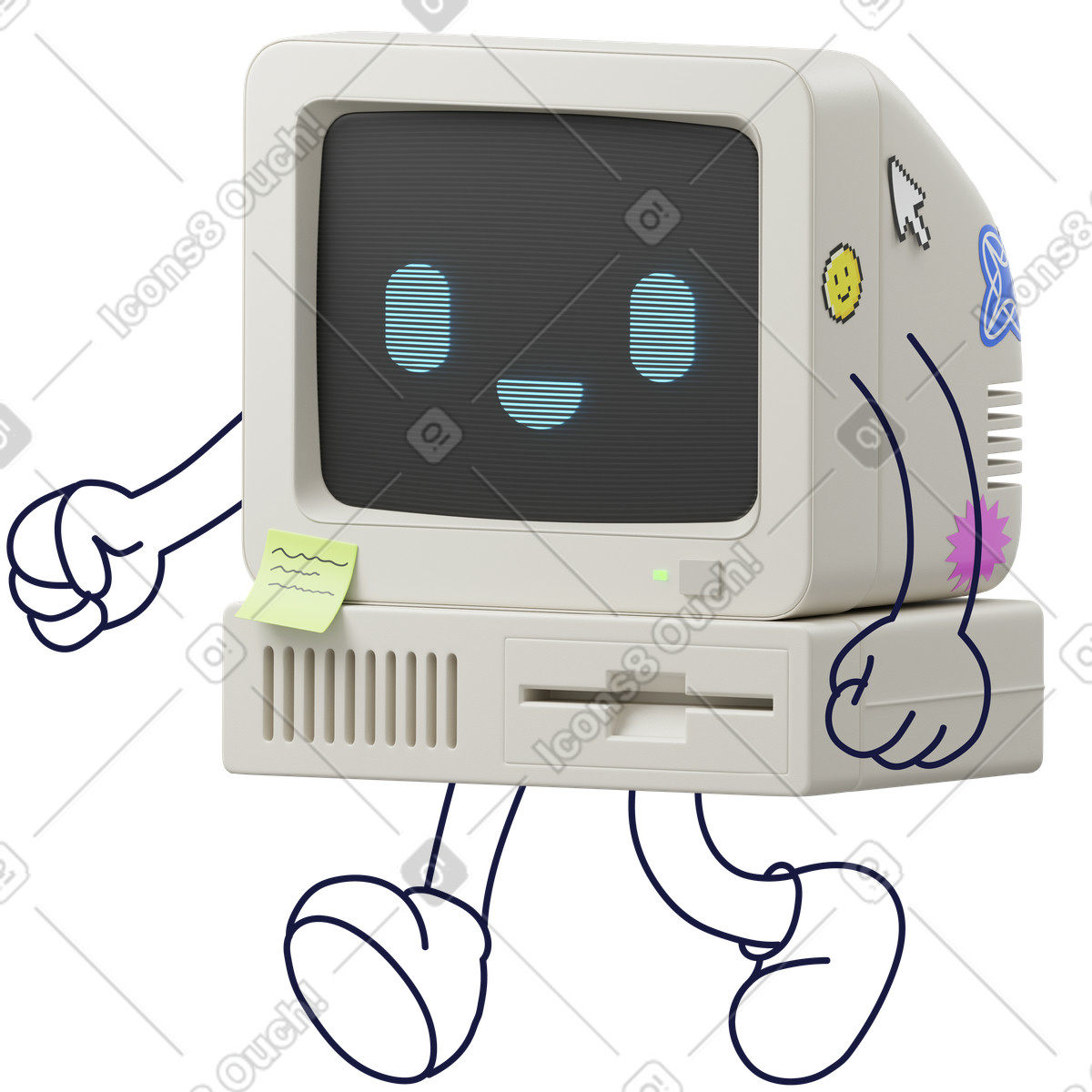 3D Surfaced スタイルの Walking retro computer with smiley face, Vintage technology mascot のイラストをPNG、SVG形式でダウンロード