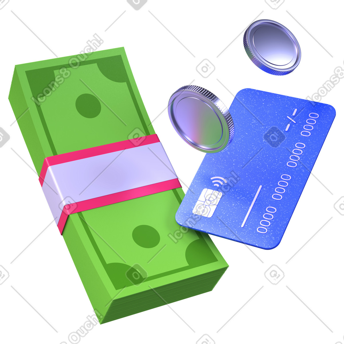Ilustración Bank card with cash bundle and coins, Financial transaction options en estilo 3D Boost a descargar en PNG y SVG