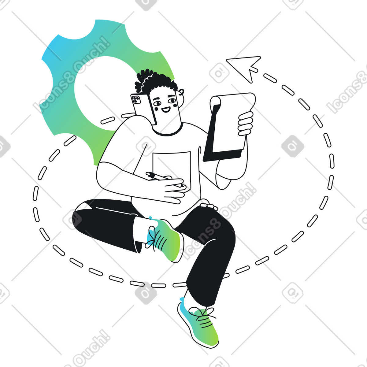 Breeze スタイルの マルチタスク、電話をしながら文章を書く男性 のイラストをPNG、SVG形式でダウンロード