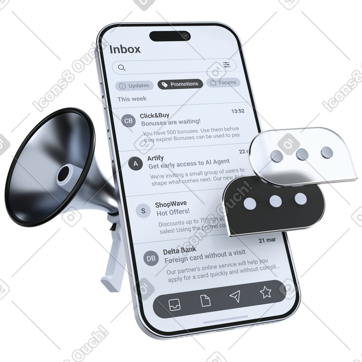 Mobile inbox with newsletter messages, Discount marketing and customer communication illustration in 3D Pro style download in PNG, SVG
