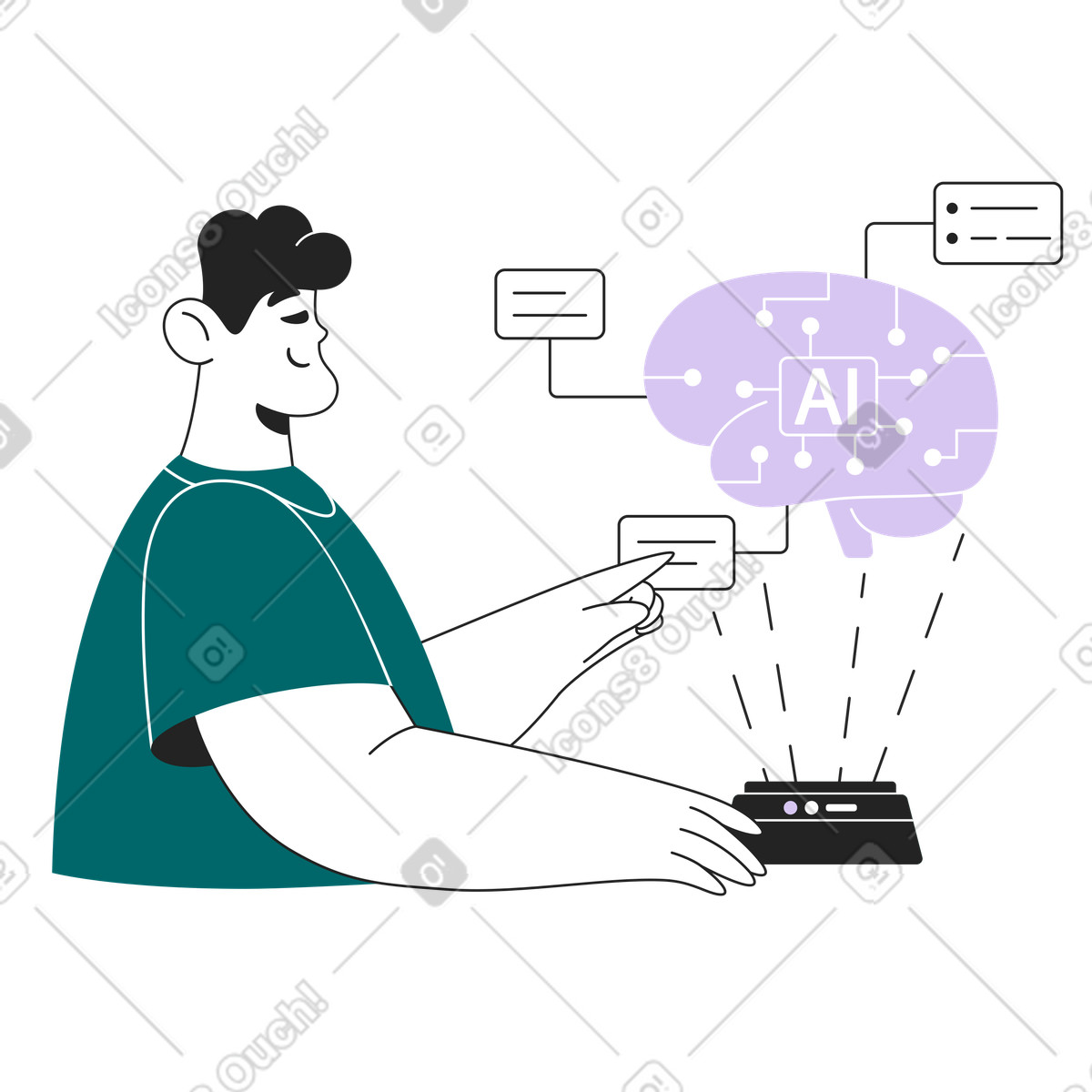 Student interacting with AI brain, Machine learning and training illustration in Sammy Line style download in PNG, SVG