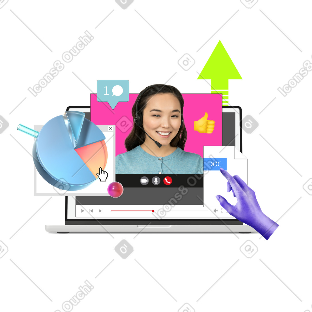 Interactive online work environment and digital workspace illustration in Jumble style download in PNG, SVG
