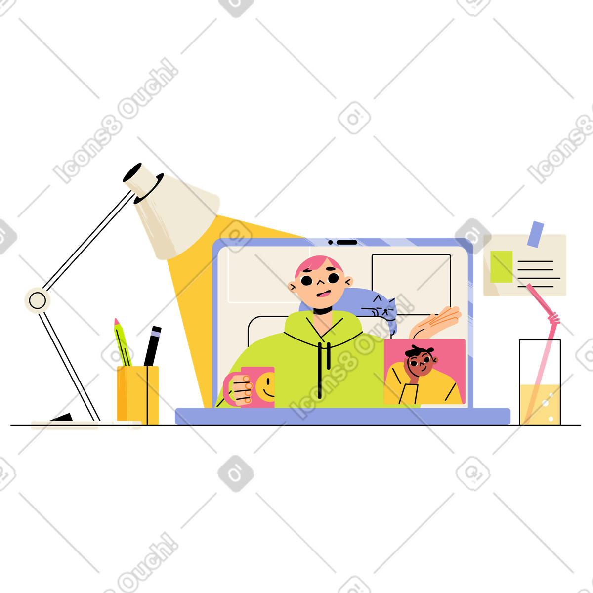 Ilustração animada de Colleagues chatting in online conference, Remote team meeting and collaboration em no estilo Juicy para baixar em GIF, Lottie (JSON), AE