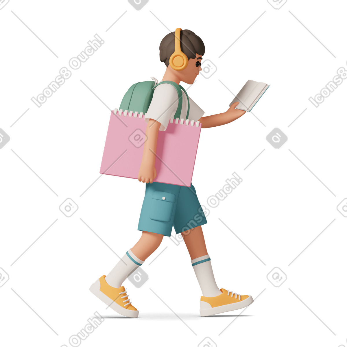 3D Casual life 스타일의 School boy reading book with headphones on 일러스트레이션 PNG, SVG 다운로드