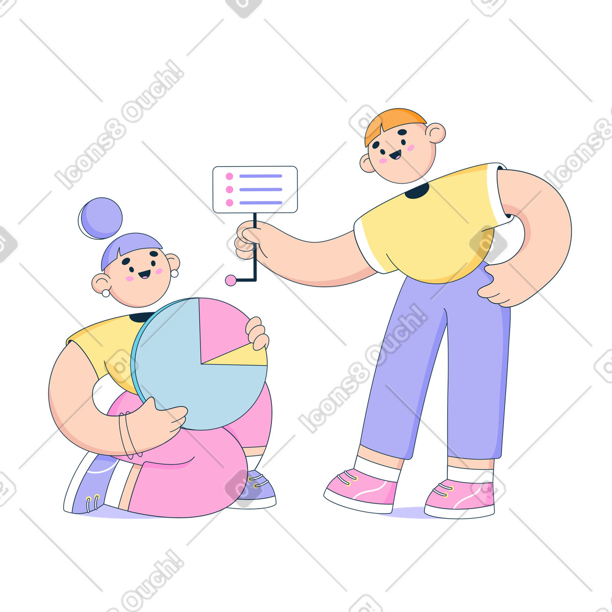 Woman and man interact with charts work as a team illustration in Bubble gum style download in PNG, SVG