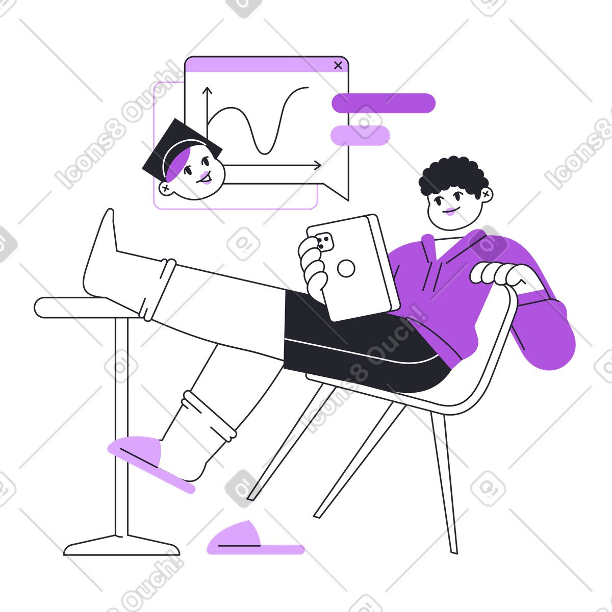 Relaxed student watching virtual lecture, E‑learning and distance education illustration in Grapy style download in PNG, SVG