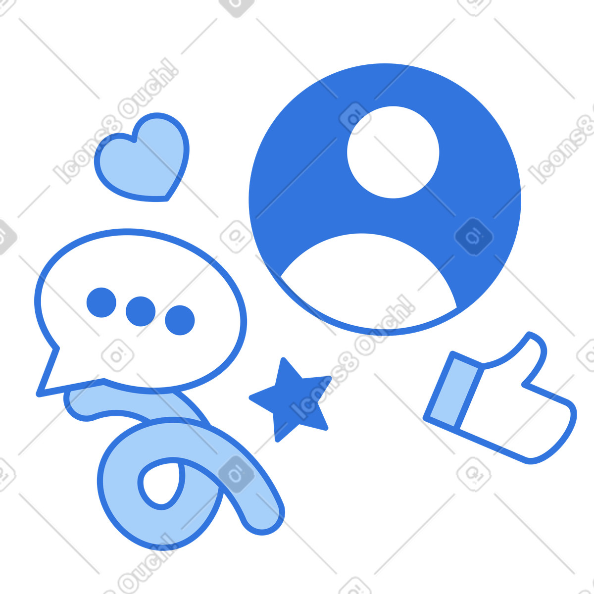 User avatar and social media reactions illustration featuring vibrant reaction clipart graphics