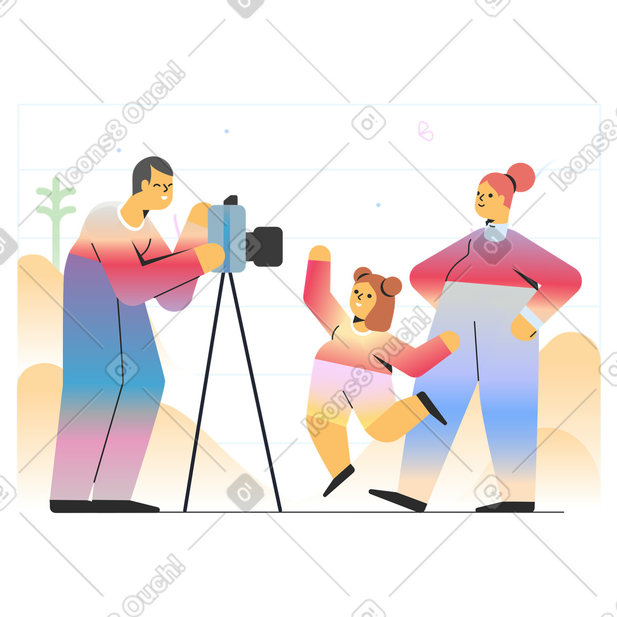 Mann, der ein foto von frau und mädchen macht-Illustration im Marginalia-Stil als Download in PNG, SVG