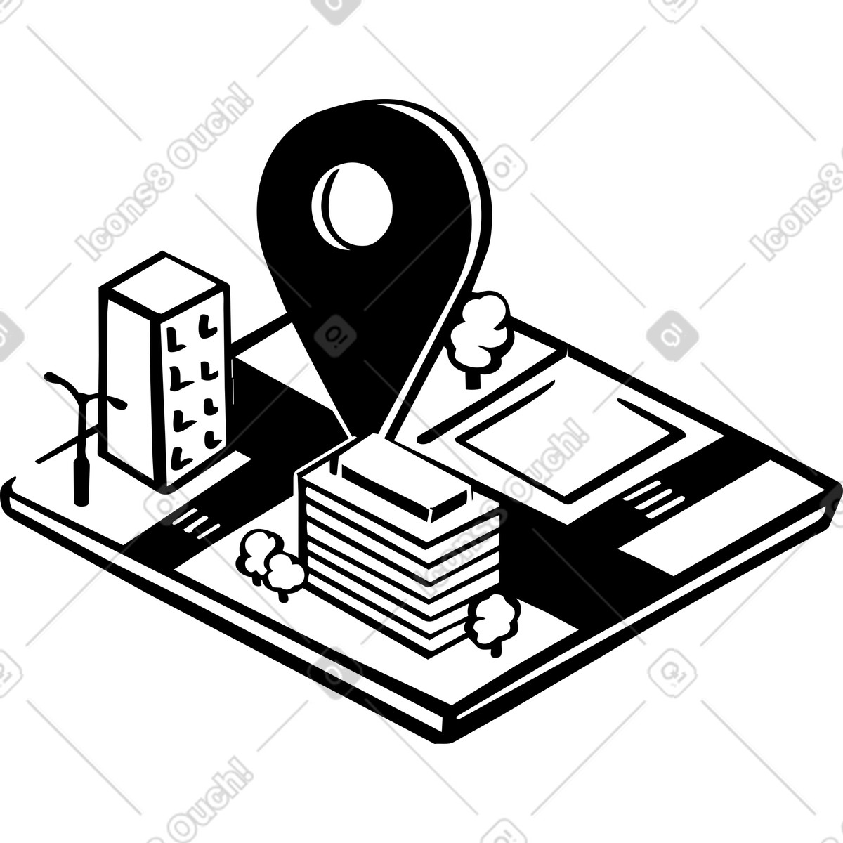 City map with buildings and location pin illustration in Line style download in PNG, SVG