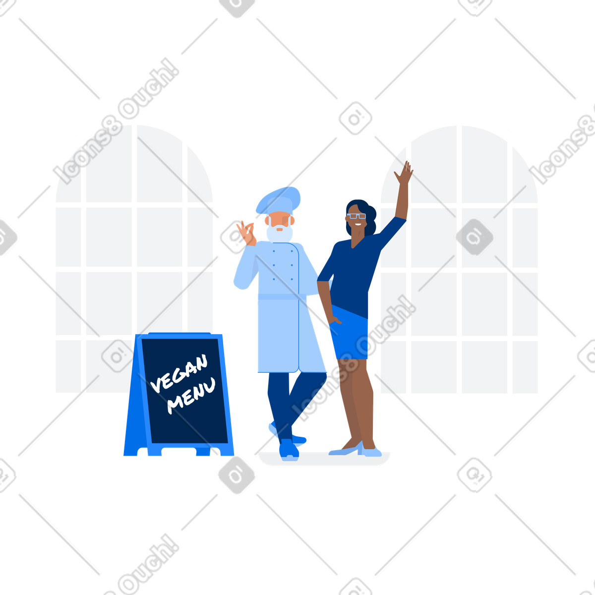Vegan cafe staff welcoming illustration in Urban style download in PNG, SVG