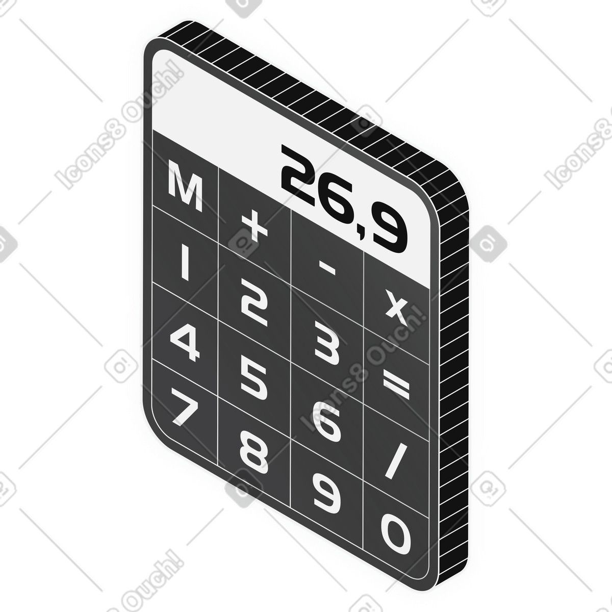 Financial calculation on monochrome isometric calculator device illustration in Inverse style download in PNG, SVG