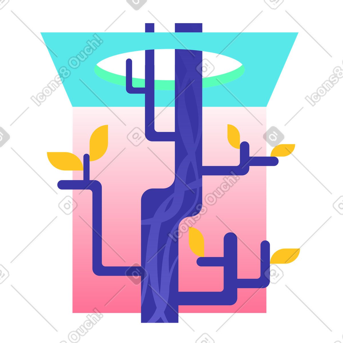 Tree growing through ceiling hole, Growth and overcoming barriers concept illustration in PNG, SVG