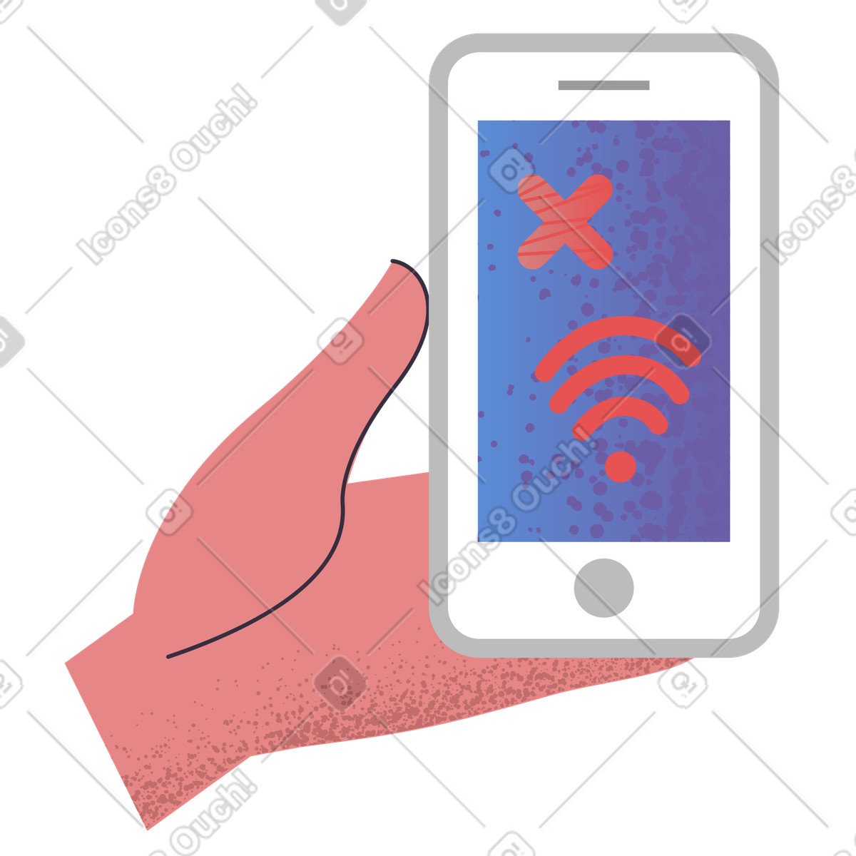 Phone screen with WiFi error, Internet connectivity problem or no connection notification illustration in Pale style download in PNG, SVG