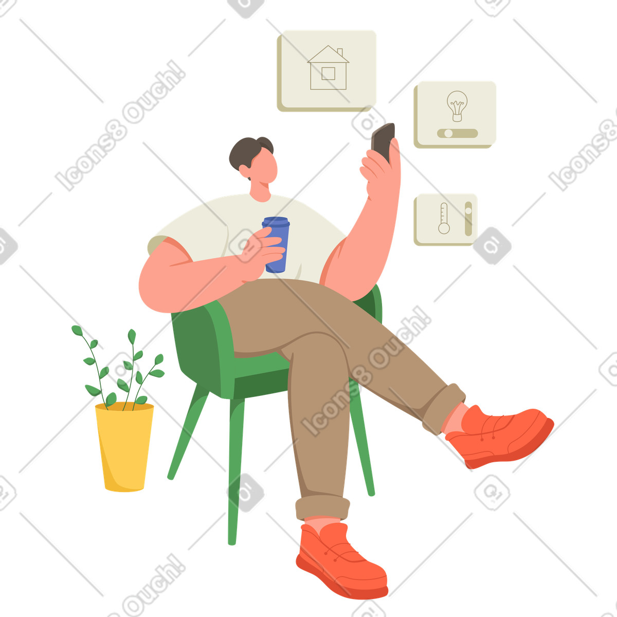 Man holding a phone with smart home app illustration in Social style download in PNG, SVG
