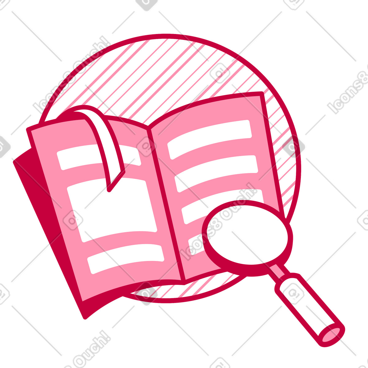 Finding information in books with a magnifier illustration Natty style download PNG, SVG