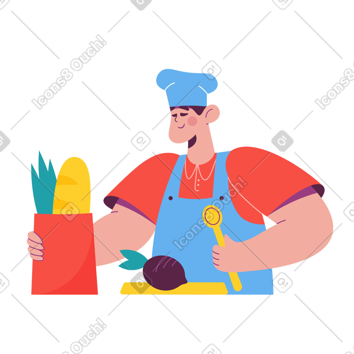 Lo chef con il cibo cucinerà illustrazione in stile Sammy scarica in PNG, SVG