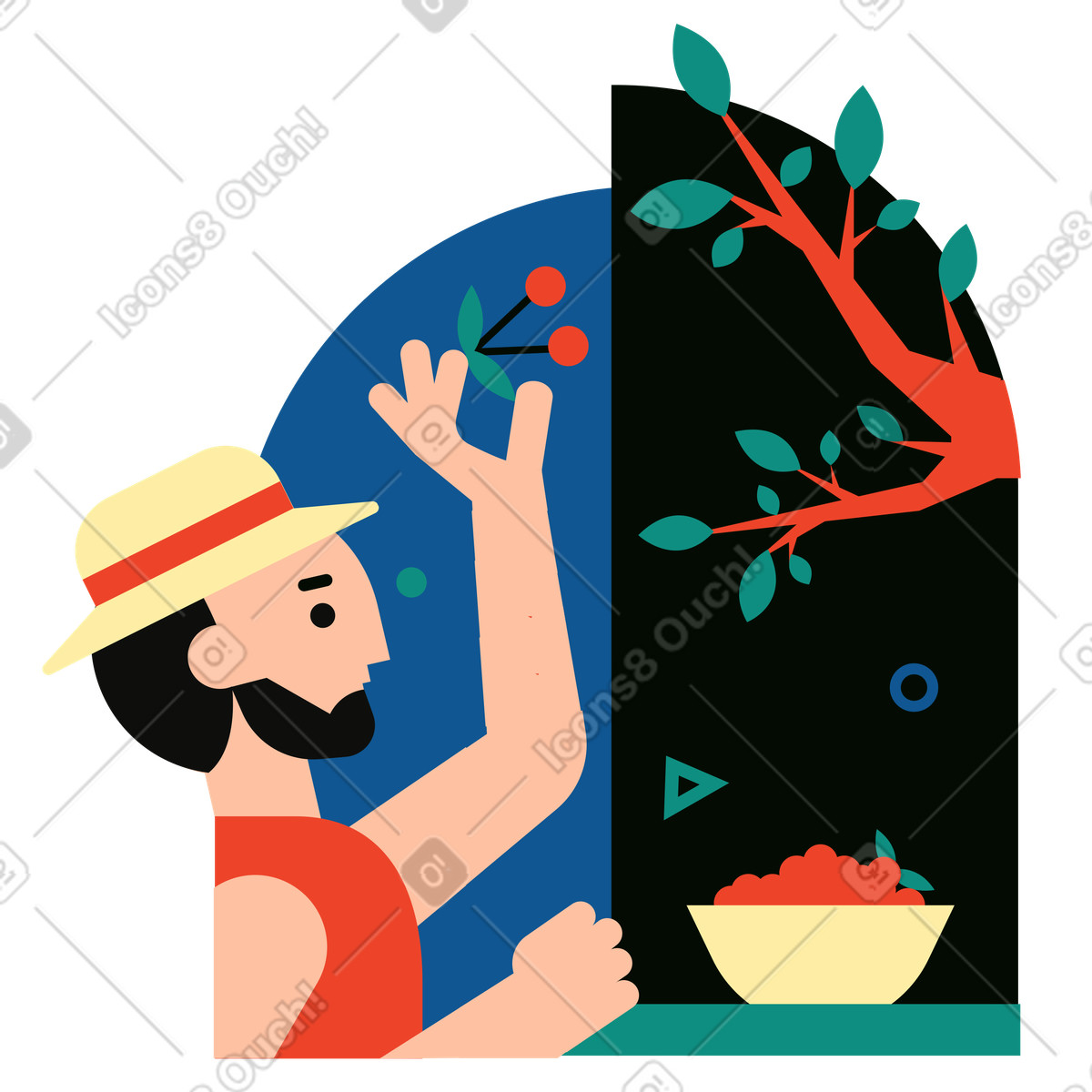 Man picking cherry from the tree illustration in Polar style download in PNG, SVG