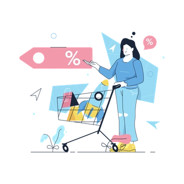 A woman shopping with a cart and discounts - Work Hard style illustration