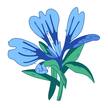 A close-up view of a bluebonnet flower displaying its intricate structure. The flower features vibrant blue petals with distinct white markings near the center. The petals are gracefully curved, creating a delicate and elegant appearance. The green leaves are finely textured and provide a contrasting backdrop to the striking blue petals. Tiny droplets of dew cling to the surface of the petals, adding a glistening effect to the overall image. The background is softly blurred, emphasizing the detailed features of the bluebonnet flower.