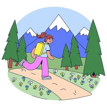 A girl with brown hair tied in a ponytail is smiling as she hikes up a mountain trail. She is wearing a bright yellow backpack and a light blue t-shirt. The trail is surrounded by green trees and colorful wildflowers. In the background, there are majestic mountains with snow-capped peaks under a clear blue sky. Sunlight filters through the leaves, creating dappled patterns on the ground.