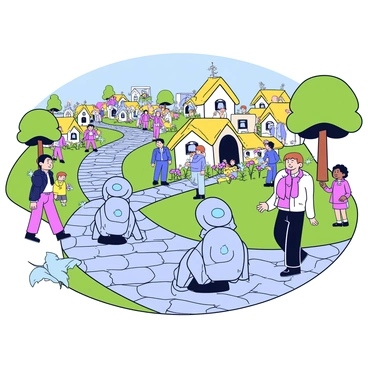 A fleet of robots with sleek, metallic bodies is arriving in a peaceful village. Each robot has bright blue lights illuminating their eyes and smooth, rounded edges. The village is characterized by small houses with thatched roofs and flower-filled gardens. The robots are moving along a cobblestone path that leads into the village center. Villagers, consisting of men, women, and children, are gathered to greet the robots, showing expressions of curiosity and excitement. Green trees and a clear sky create a tranquil atmosphere surrounding the scene.