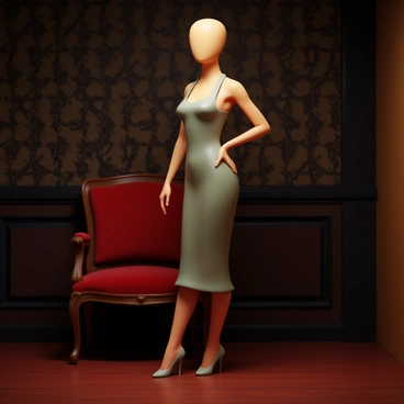 A classic portrait featuring an ectomorph figure standing elegantly. The figure has a slender physique and is dressed in vintage clothing, emphasizing their proportions. The background consists of rich textures, including a dark, ornate wallpaper and an antique chair. Soft lighting highlights the figure's features, creating depth and contrast. The scene is composed to evoke a sense of timeless elegance and sophistication.