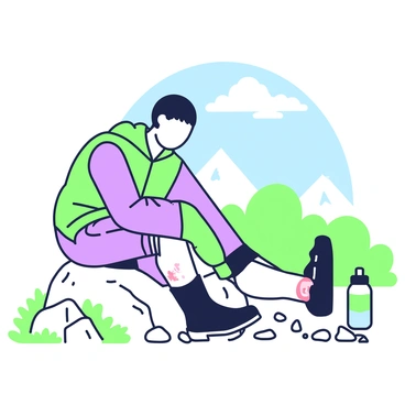 A hiker is sitting on a large rock in a natural setting. They are wearing a green and purple jacket and cargo shorts. The hiker is bent over, removing their boot from their left foot. The boot is partially off, revealing a blistered foot with visible redness and swelling. The surrounding area is filled with scattered pebbles and patches of grass. In the background, there are distant mountains and a clear blue sky. A water bottle lies next to the hiker on the rock.