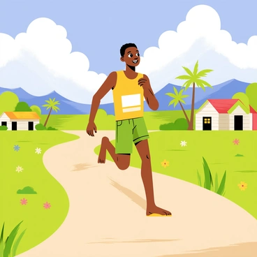 A young Usain Bolt with a confident expression is racing barefoot on a dirt path in a rural Jamaican setting. His athletic build is highlighted as he sprints forward, arms pumping in rhythm. Lush green fields extend on either side of the path, dotted with vibrant tropical flowers. A bright blue sky overhead is filled with fluffy white clouds. In the background, there are small wooden houses with colorful roofs, and a few palm trees swaying gently in the breeze. A distant mountain range creates a picturesque backdrop to the scene.