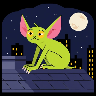A sneaky gremlin perched on a rooftop at night, watching over the city.