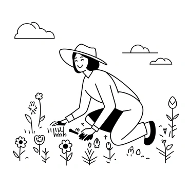 A gardener kneeling on the ground, planting flowers in an organized garden bed. The gardener is wearing a wide-brimmed hat and gloves, with a trowel in hand. Various flowers, including daisies and tulips, are arranged in neat rows around the gardener. The garden is filled with greenery, including lush leaves and grass. The sky above is clear with a few wispy clouds, providing bright sunlight illuminating the scene.