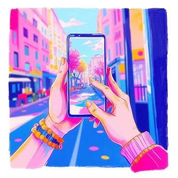 A close-up view of a person holding a smartphone, looking through the camera lens. The lens displays a digital version of the world, showcasing vibrant colors and pixelated patterns that blend reality with digital elements. The background features blurred scenes of a cityscape, with buildings and trees faintly visible. The person's hand is adorned with a bracelet, and their fingers are gently pressing the screen. The atmosphere is filled with a sense of exploration as the digital interface glows faintly.