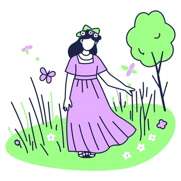A girl is standing in a meadow, wearing a floral crown made of black flowers. Her long hair cascades down her shoulders, contrasting with the crown. She is dressed in a flowing dress that moves gently with the breeze. The meadow is filled with tall grass and scattered wildflowers, creating a natural setting around her. The sunlight filters through the leaves of nearby trees, casting soft shadows on the ground. In the background, a few butterflies flutter among the flowers, adding a touch of movement to the scene.