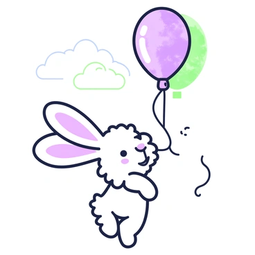 A rabbit with large ears is holding onto a balloon with a watercolor design. The balloon is floating high in the sky, and the rabbit's paws firmly grip the string. The rabbit's fur is fluffy and white, contrasting with the vibrant colors of the balloon. Below, a few soft clouds can be seen in the sky, adding to the whimsical atmosphere of the scene.