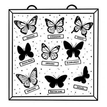 An array of various butterfly species pinned delicately inside a shadow box. Each butterfly displays intricate wing patterns and details, showcasing unique shapes and sizes. The background of the box is a textured fabric providing contrast to the butterflies. Labels are neatly placed beneath each specimen, detailing the species names in an elegant font. The box is framed with thin wood, giving it a polished and organized appearance.