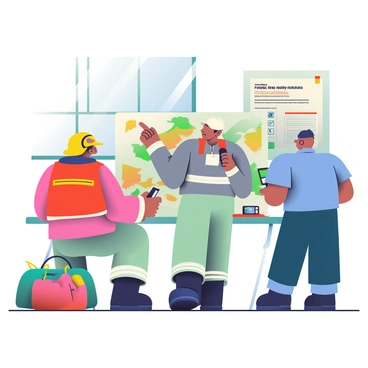 A group of three firefighters is gathered around a large table covered with detailed maps of a forest area. One firefighter, wearing a bright yellow helmet and a gray fire-resistant jacket, is pointing at a specific location on the map. Another firefighter, dressed in a red jacket and holding a radio, is taking notes in a notepad. The third firefighter, in a blue shirt, is focused on a handheld GPS device, displaying coordinates. In the background, there are equipment bags filled with firefighting gear, and a large poster of a forest fire safety checklist hangs on the wall. Sunlight filters in through a window, illuminating the scene.