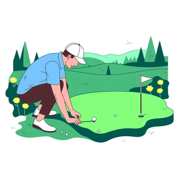 A golfer wearing a white cap and blue polo shirt is carefully lining up a putt on a lush, manicured green. The golfer is positioned in a focused stance, with one knee slightly bent, aiming towards the hole. Surrounding the green are vibrant yellow flowers and a few scattered white golf tees. In the background, there are gently rolling hills with occasional trees, complementing the scene. The sun casts soft shadows, adding depth to the golfer's posture and the green's texture.