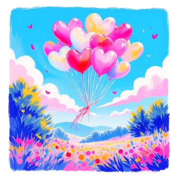 A cluster of "heart-shaped balloons" in vibrant colors is floating into a "clear blue sky." Each balloon is tied together with colorful strings, swaying gently in the breeze. Some balloons are "red," others are "pink," and a few are "white," reflecting sunlight. Below, the landscape is visible with lush green trees and a colorful field of flowers, adding depth to the scene. The overall composition captures the feeling of joy and freedom as the balloons ascend into the sky.
