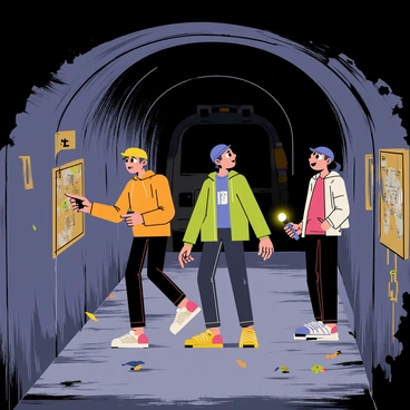 Teenagers exploring an abandoned city subway with flashlights