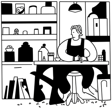 Baphomet seated at a rustic workbench in a workshop, intently carving a wooden sculpture with a chisel in one hand and a mallet in the other. Scattered wood shavings cover the workbench, and various sculpting tools lie around. Behind Baphomet, shelves filled with unfinished sculptures and blocks of wood are visible. The warm glow of a single overhead lamp illuminates the workspace, casting distinct shadows.