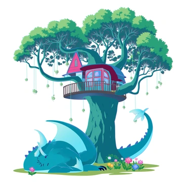A large green dragon with shimmering scales is resting peacefully at the base of a giant tree. Its wings are folded tightly against its sides, and its eyes are closed, suggesting it is in a deep slumber. The treehouse, built high within the branches, has a whimsical design with bright colors and intricate details, resembling a fantasy world. Lush leaves surround the treehouse, and colorful flowers bloom at the tree's base, enhancing the enchanting atmosphere. Sunlight filters through the branches, casting dappled shadows on the ground where the dragon lies.