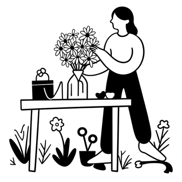 A person standing at a wooden table, carefully arranging a bouquet of "echinacea" and various "wildflowers". The individual is focused on selecting the best flowers, placing them thoughtfully into a vase. Around the table, there are additional stems and leaves scattered, along with gardening tools such as scissors and a small pot of soil. The background features a glimpse of a garden with more flowers in full bloom.