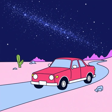 A car driving through a desert under a blanket of stars and a bright Milky Way