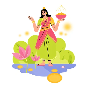 A depiction of "Goddess Lakshmi" standing gracefully. She is adorned with intricate gold jewelry and a vibrant red and green sari. Her hands hold a bowl overflowing with golden coins, symbolizing prosperity. The scene is illuminated by the "soft light of a sunrise," casting gentle hues of orange and pink around her. Delicate lotus flowers are placed at her feet, and a serene body of water reflects her image. The background features lush greenery that enhances the peacefulness of the "tranquil morning."