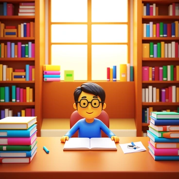 A student sitting at a wooden table in a university library. The student has short dark hair and is wearing glasses. An open sketchbook lies in front of the student. Surrounding the student are stacks of colorful illustration books. The library shelves are filled with various art books, and warm light filters through large windows, illuminating the scene. The atmosphere is focused and studious, with a few art supplies scattered nearby.