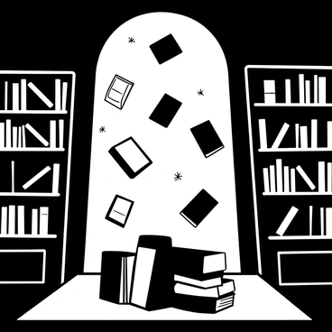 A collection of books floating gently in mid-air within a dimly lit library. The books are various sizes and shapes, some open while others are closed. Dust particles are visible in the rays of light streaming through the windows, illuminating the shelves filled with additional books. Shadows cast by the books create a sense of depth in the scene. A wooden table with a stack of books sits in the foreground, while ornate bookshelves line the walls, filled with books.